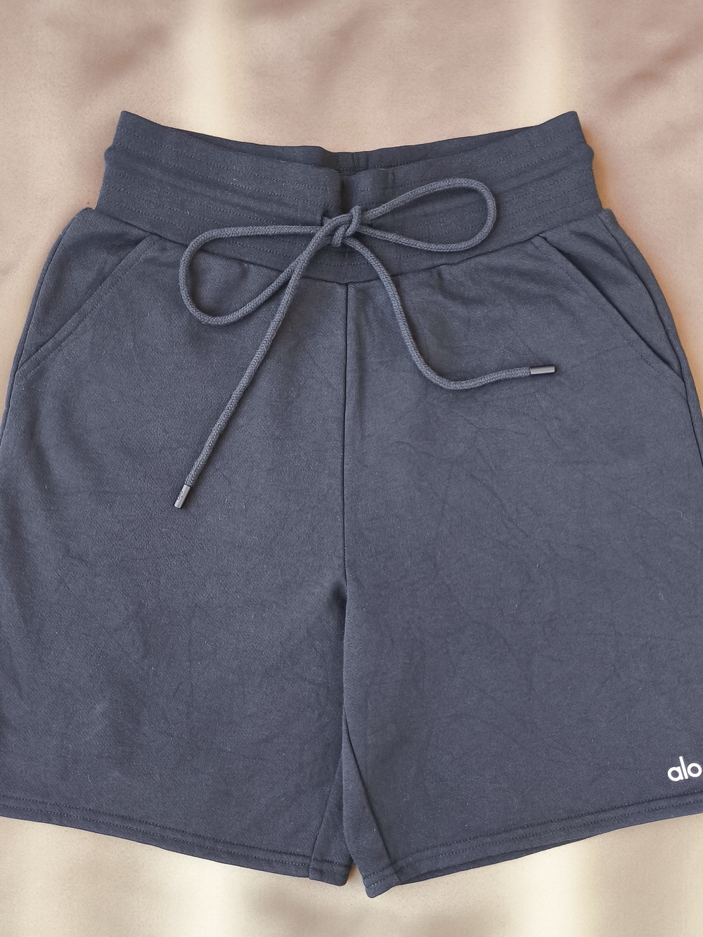 Alo Women Yoga Accolade Terry Fleece Navy Drawstring Lounge Shorts Size Small